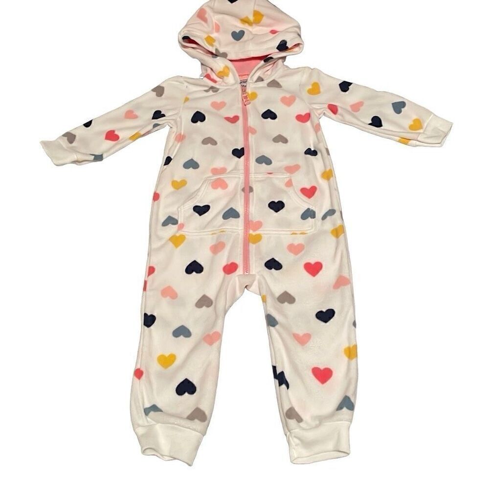 NWOT Carters White Heart Print Footless Long Sleeve Hooded Zip Up Footless Jumpe